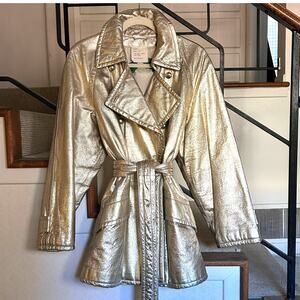 Rare Vintage Moschino Cheap & Chic AW88 Metallic Gold Leather Trench Coat Italy